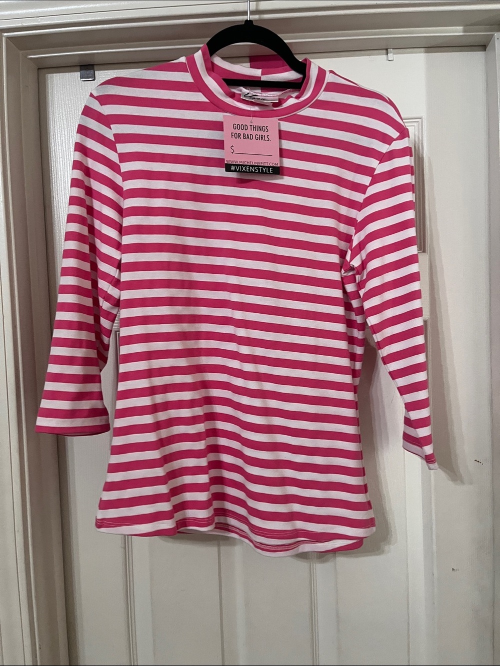Vixen by Micheline Pitt Pink and White Striped Long Sleeve Top